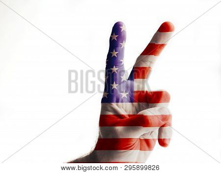 Hand Painted In Colors Of American Flag Showing Sign Of Liberty. Isolated On White Background