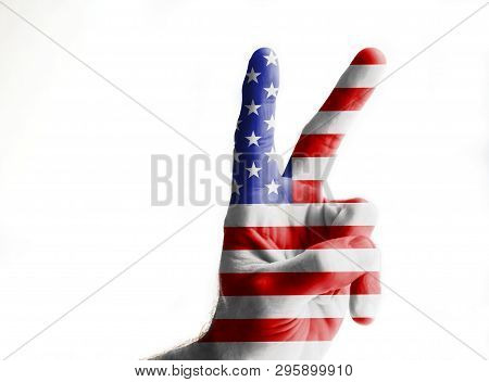 Male Hand Painted In The Colors Of The American Flag Shows The Sign Of Liberty Isolated On White Bac