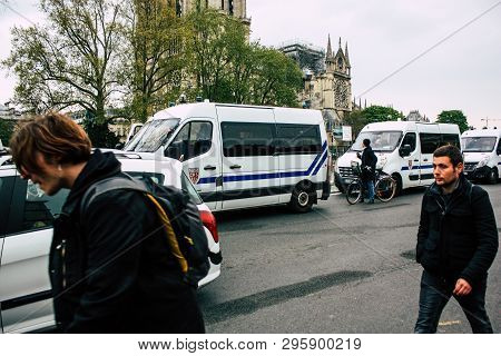 Paris France April 16, 2019 View Of A French Police Car Parked Near The Notre Dame Cathedral In Pari