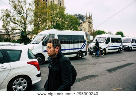 Paris France April 16, 2019 View Of A French Police Car Parked Near The Notre Dame Cathedral In Pari