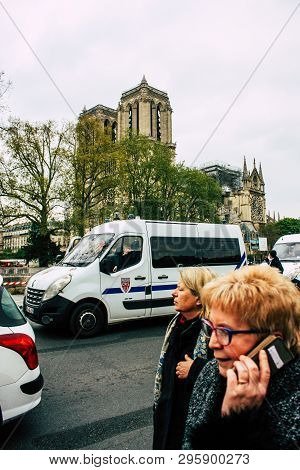 Paris France April 16, 2019 View Of A French Police Car Parked Near The Notre Dame Cathedral In Pari