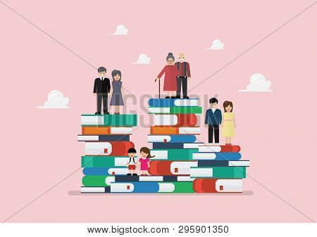 Peoples In Variety Generation Standing On A Lot Of Books. Knowledge Or Education Concept Vector Illu