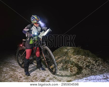Winter Night Extreme Bike Racer Control Navigation And The Map.  January 25th 2019, Novy Bor, Czech 