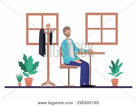 Man Drinking Coffee In The Dining Room Vector Illustration Design