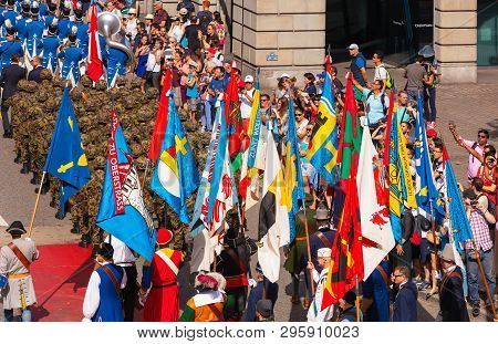 Zurich, Switzerland - August 1, 2018: Participants Of The Parade Devoted To The Swiss National Day P