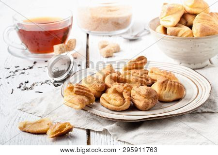 Homemade Buns Stuffed With Cottage Cheese On A Wooden Background