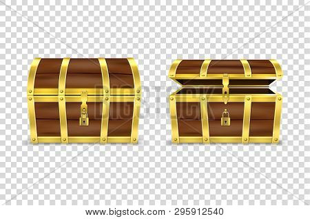 Vector 3d Realistic Closed And Opened Retro Vintage Antique Old Treasure Wooden Brown Pirate Dower C