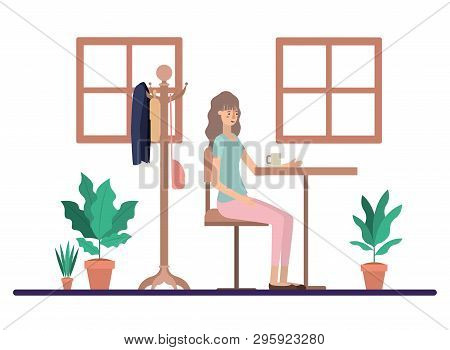 Woman Drinking Coffee In The Dining Room Vector Illustration Design