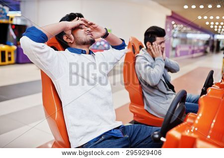 I'm Loser!two Asian Guys Compete On Speed Rider Arcade Game Racing Simulator Machine.