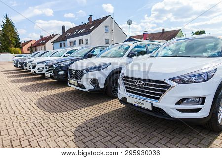 Nuremberg / Germany - April 7, 2019: Hyundai Logo On A Hyundai Car At A Car Dealer. The Hyundai Moto
