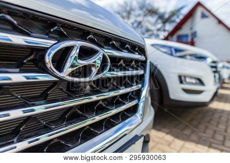 Nuremberg / Germany - April 7, 2019: Hyundai Logo On A Hyundai Car At A Car Dealer. The Hyundai Moto