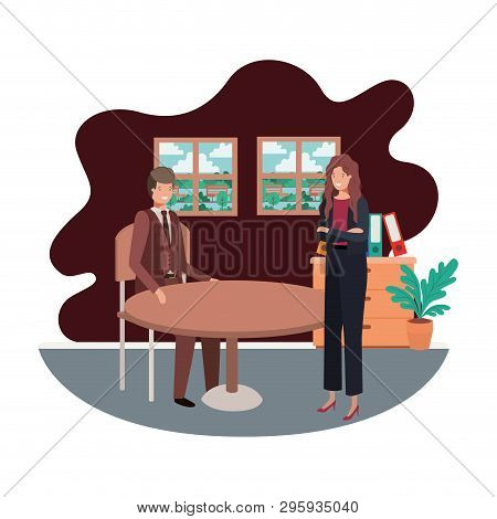 Couple Business In The Room With View The Landscape Vector Illustration Desing