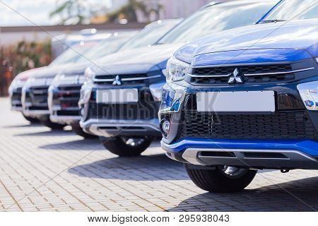 Nuremberg / Germany - April 7, 2019: Mitsubishi Logo On A Mitsubishi Car At A Car Dealer. Mitsubishi