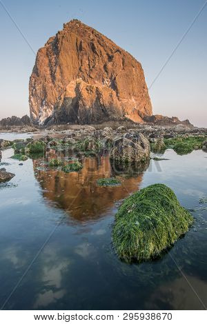 Haystack Rock Reflects In Shallow Tide Pool Along Oregon Coast