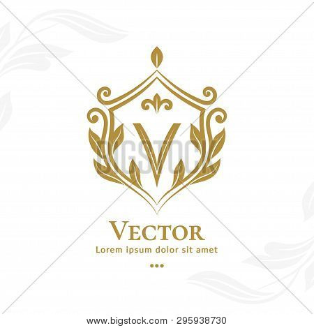 Shield Emblem. V Letter. Elegant Elements. Can Be Used For Jewelry, Beauty And Fashion Industry. Gre