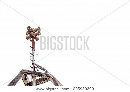 Speakers Attached To The Top Of Communication Attenna Surrounded With Comcrete Frame. Whiteout Backg