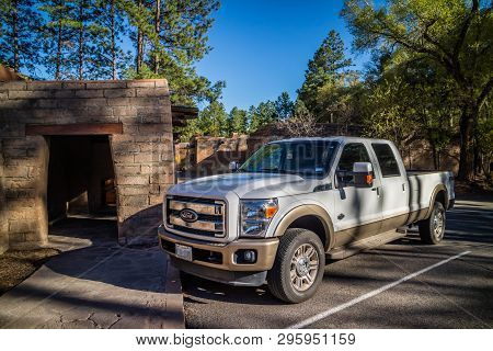 Bandelier National Monument, NM, USA - April 14, 2018: The F350 Ford parked along the preserve park