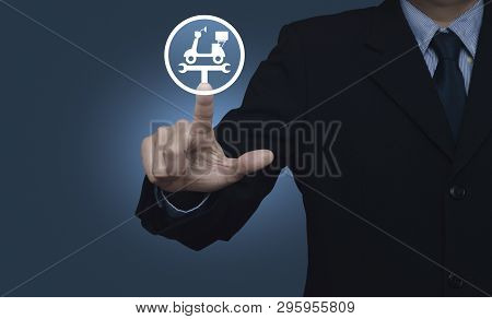 Businessman Pressing Service Fix Motorcycle With Wrench Tool Flat Icon Over Gradient Light Blue Back