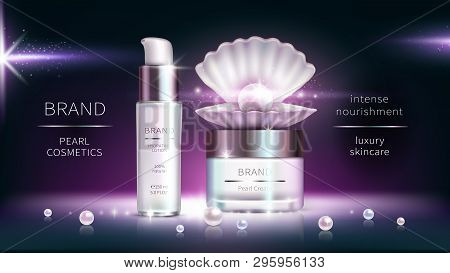 Pearl Cosmetics, Vector Realistic Advertising Poster. Shiny Luxury Packaging For Cosmetic Anti-aging