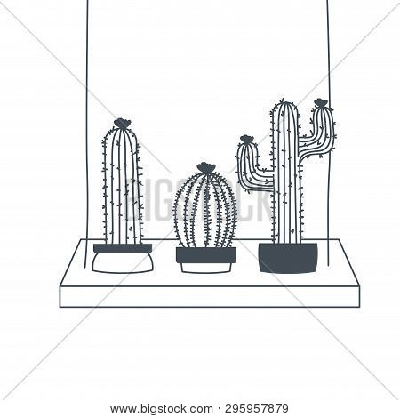 Cactus With  Potted On Shelf Isolated Icon Vector Illustration Design