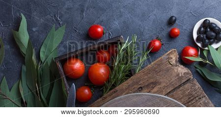 Food Background For Tasty Italian Dishes With Tomato. Various Cooking Ingredients . Top View With Co