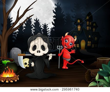 Cartoon Of Grim Reaper And Red Devil Outdoors In The Night