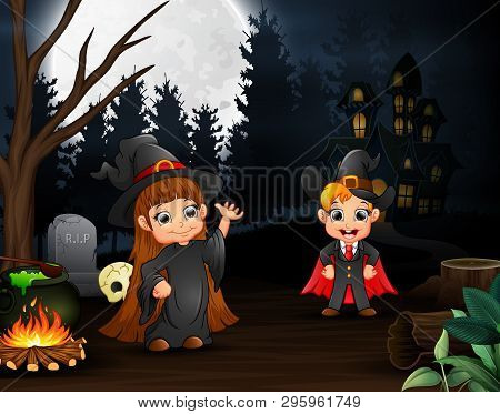 Cartoon Of Witch And Vampire Outdoors In The Night