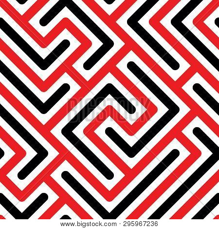 Seamless Pattern With Red And Black Geometric Lines In White Background