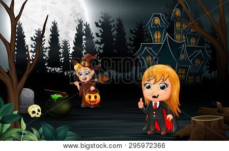 Happy Halloween With Vampire And Witch Cartoon