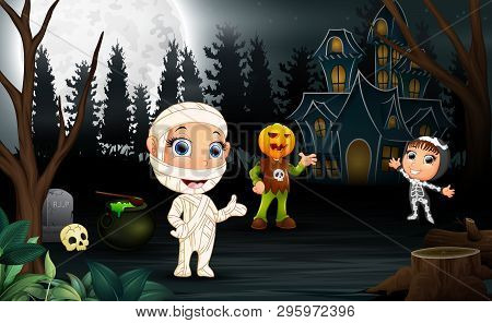 Happy Kids Wearing Halloween Costume In The Night