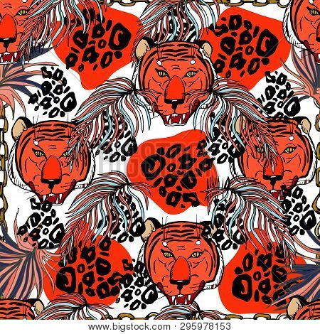 Stylish Trendy Pattern With Golden Chains, Tigers And Animal Prints, Jaguar Spots. Vector Background