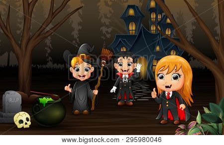 Happy Kids Celebration Halloween Day With Haunted House Background