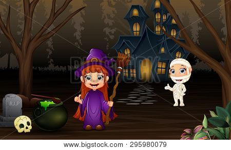 Halloween Witch And Mummy With Scary House In The Night