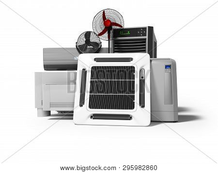Group Of Office Cooling Equipment Air Conditioning Fan 3d Render On White Background With Shadow