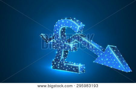 British Pound Currency, Downtrend Arrow, Digital Neon 3d Illustration. Polygonal Vector Business Cri