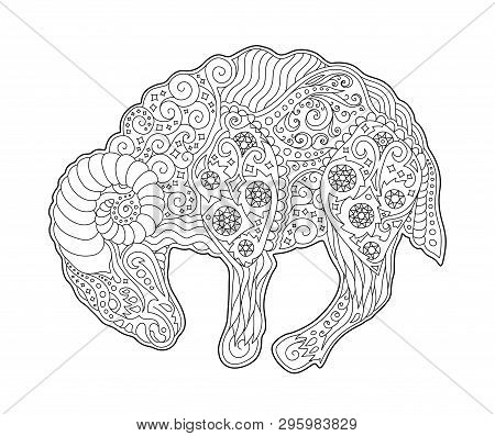 Beautiful Coloring Book Page With Black And White Zodiac Symbol Aries On White Background