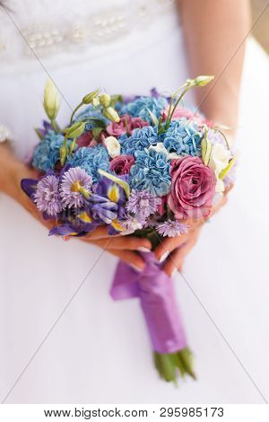 Wedding Bouquet In Pink And Blue Colors Of Hydrangeas, Lisianthus, Irises, Roses And Chrysanthemums 