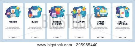 Mobile App Onboarding Screens. Sport Referee, Rugby And Soccer Uniform, Sportsman Health Profile . M