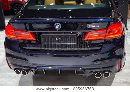 Nonthaburi, Thailand - April 3, 2019: Back View Of Bmw M5 Presented In Motor Show 2019