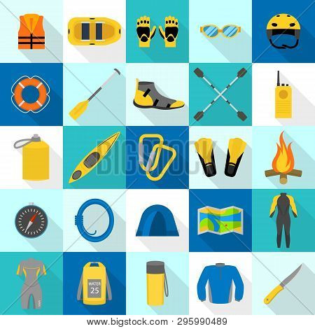 Rafting Kayak Icons Set. Flat Set Of Rafting Kayak Vector Icons For Web Design