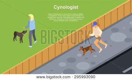 Cynologist Dog Training Concept Banner. Isometric Illustration Of Cynologist Dog Training Vector Con