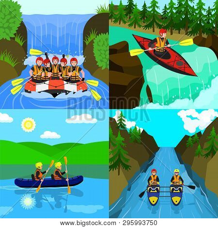 Rafting Banner Set. Flat Illustration Of Rafting Vector Banner Set For Web Design