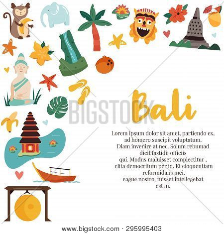 Cartoon Illustration With Bali Famous Landmarks, Symbols