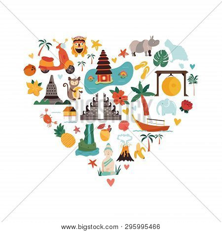 Cartoon Illustration With Bali Famous Landmarks, Symbols