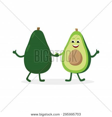 Avocado Cartoon Character Isolated On White Background. Healthy Food Funny Mascot Two Parts Of Halve