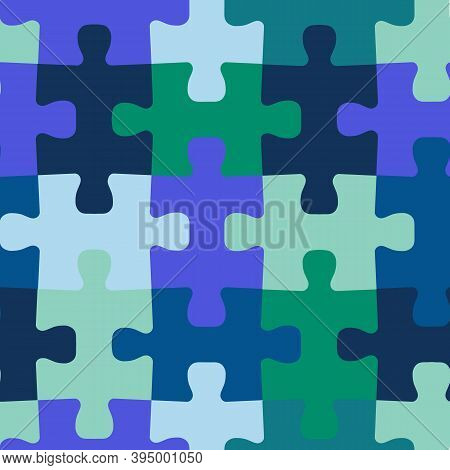 Seamless Vector Background Jigsaw Puzzle Pieces. Repeating Blue Green Teal Pattern For Fabric, Kids 