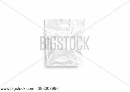 Blank White Die-cut Small Plastic Bag With Handle Hole Mockup, 3d Rendering. Empty Polythene Full Pa
