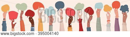 Group Raised Arms Of Diversity Multi-ethnic Multicultural People Holding Speech Bubble In Hand. Dive