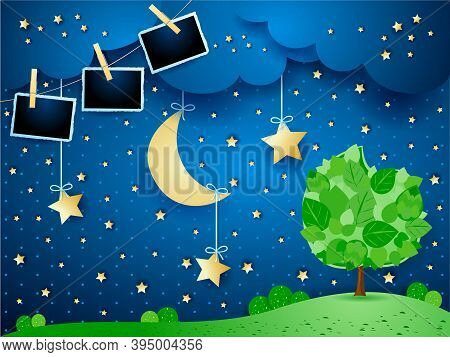 Surreal Night With Hanging Moon And Stars, Tree And Photo Frames. Vector Illustration Eps10
