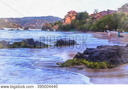 La Barrita Beach Colorful Painting Looks Like Picture, Mexico.